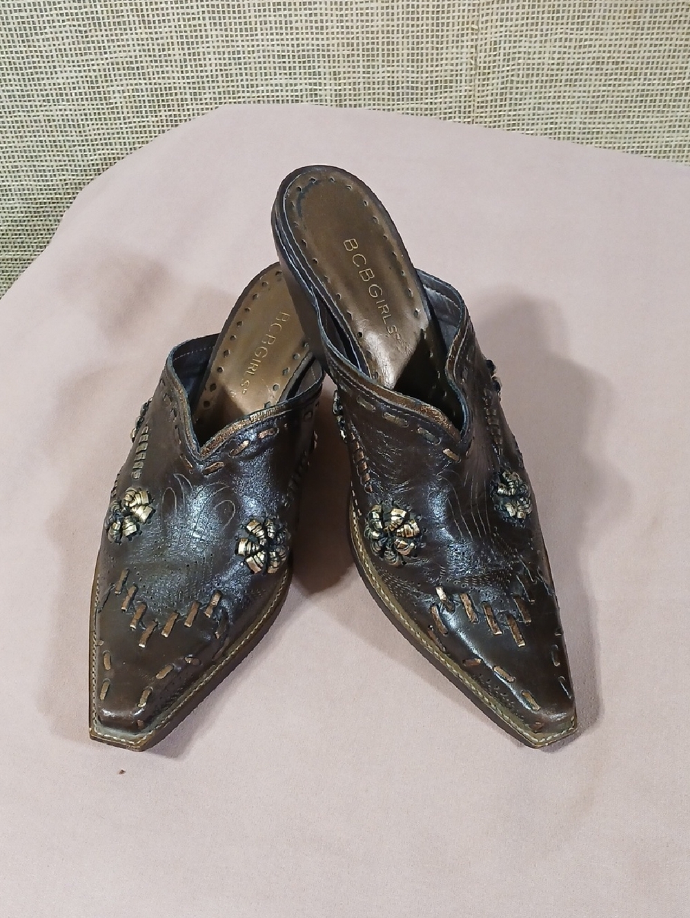 BCBGirls Brown Pointed Leather Slip-On Mules with Floral Studs
